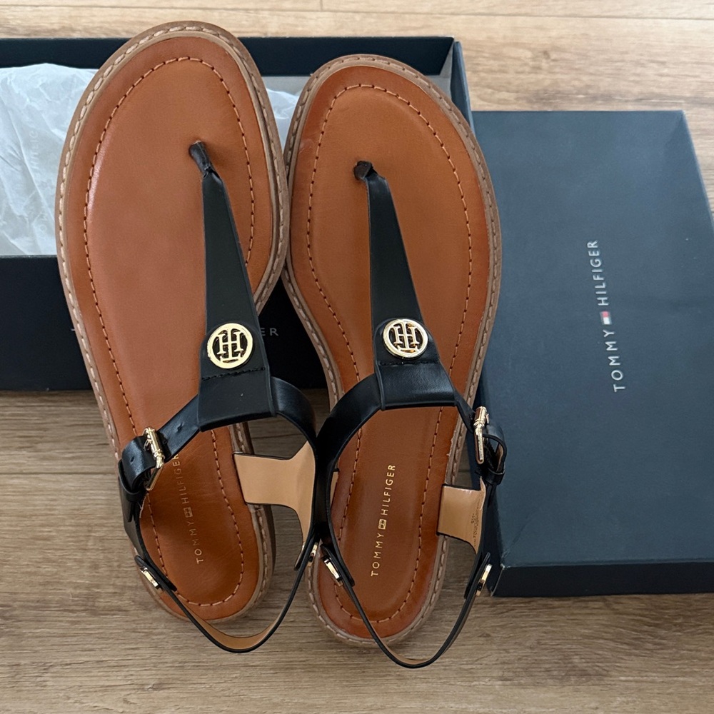 Tommy Hilfiger Black and Brown Sandals